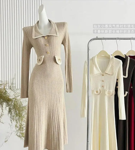 Korean Fashion Women's Autumn Winter Solid Single Breasted Elegant Slim Knitted Sweater Dress New Long Sleeved Temperament Dress