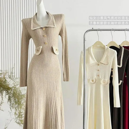Load image into Gallery viewer, Korean Fashion Women's Autumn Winter Solid Single Breasted Elegant Slim Knitted Sweater Dress New Long Sleeved Temperament Dress
