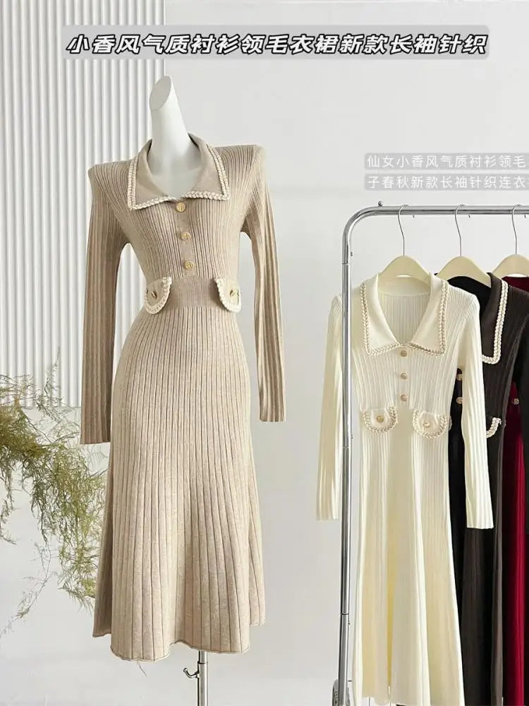 Korean Fashion Women's Autumn Winter Solid Single Breasted Elegant Slim Knitted Sweater Dress New Long Sleeved Temperament Dress