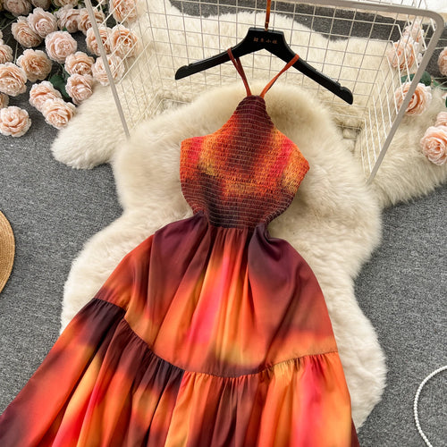 Load image into Gallery viewer, Orange Colorblock Halter Lace-up Backless Pleated Long Dresses Woman Elegant Holiday Sexy Club Party Dress Summer Fashion French
