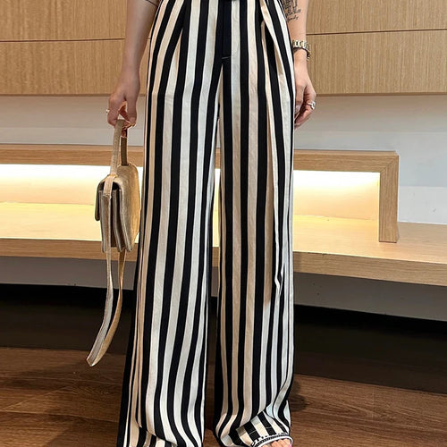 Load image into Gallery viewer, Hit Color Striped Pants For Womenhigh Waist Full Length Patchwork Belt Casual Wide Leg Pant Female Fashion Clothing

