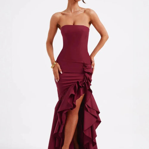 Load image into Gallery viewer, Strapless High Split Ruffle Long Dress For Women Fashion Off-shoulder Backless Sleeveless Bodycon Club Party Sexy Dress
