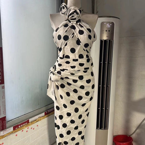 Load image into Gallery viewer, Fashion Wave Point Two Piece Sets for Women Halter Sleeveless Top High Waist Patchwork Bowknot Skirt Set Female New
