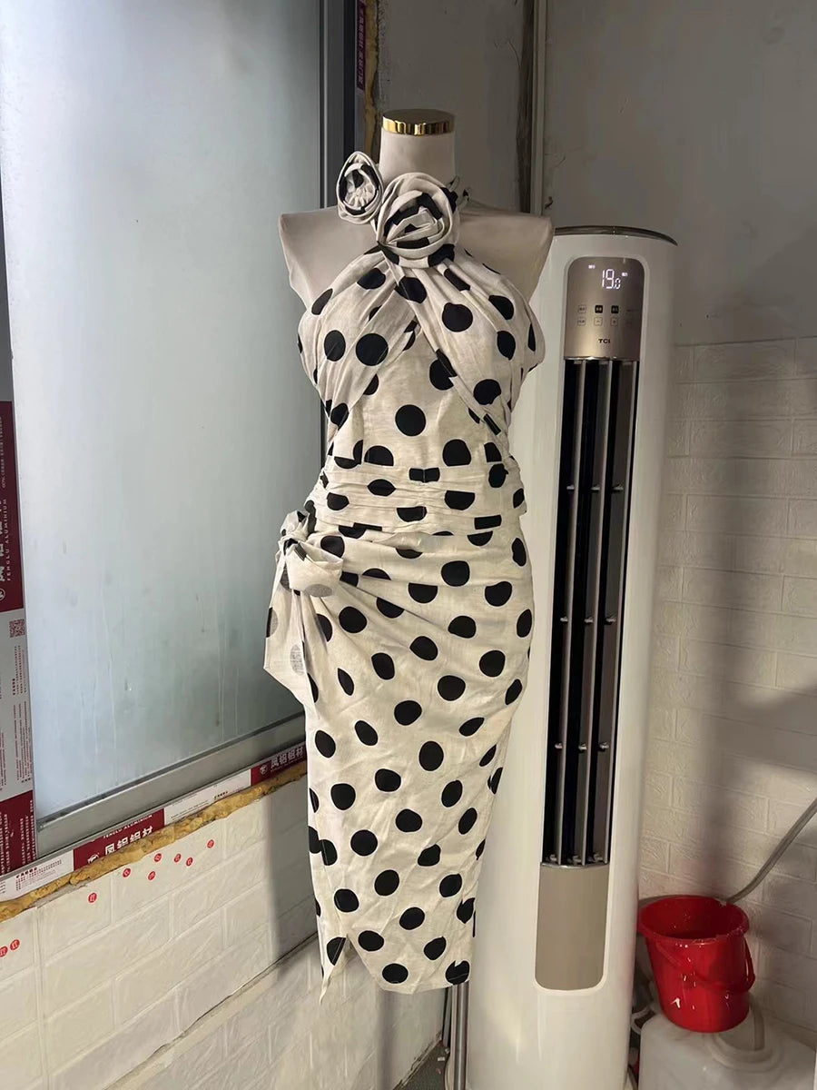 Fashion Wave Point Two Piece Sets for Women Halter Sleeveless Top High Waist Patchwork Bowknot Skirt Set Female New