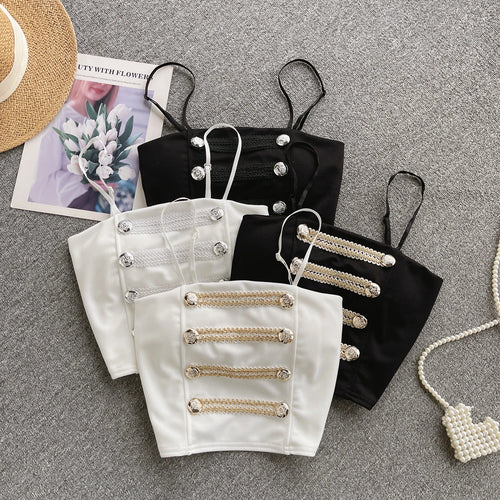 Load image into Gallery viewer, French Style Vintage Black Double Breasted Suspender Women's Summer Sexy Club Slim White Short Slip Top Fashion Versatile Simple
