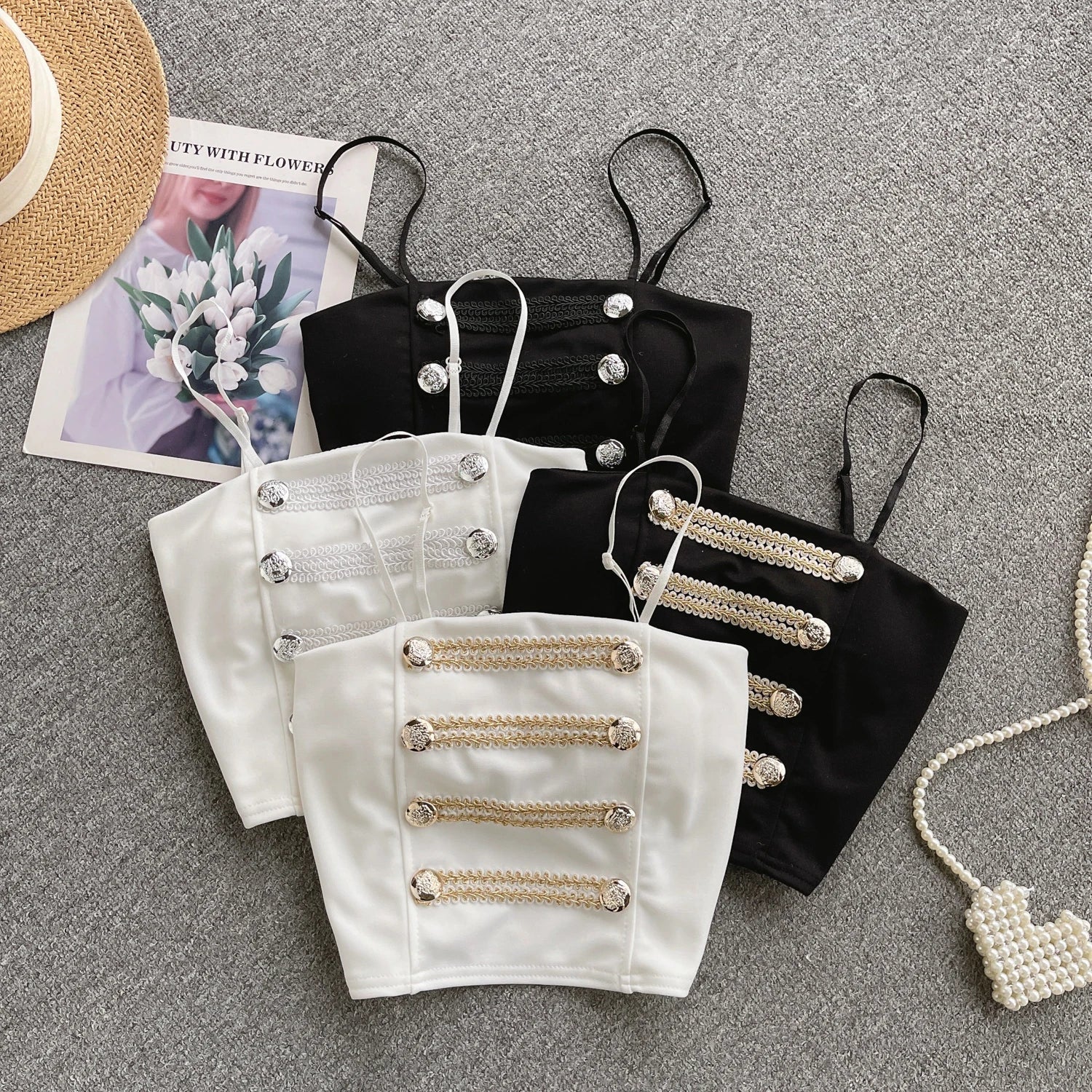 French Style Vintage Black Double Breasted Suspender Women's Summer Sexy Club Slim White Short Slip Top Fashion Versatile Simple