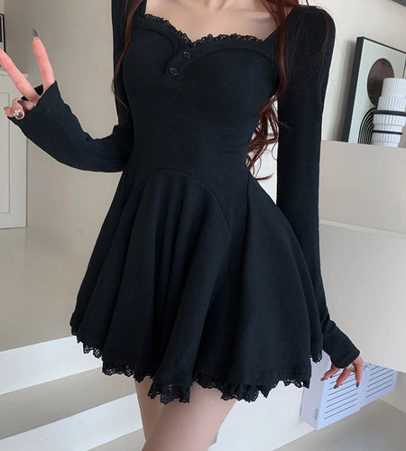 Vintage Black Lace Sexy Club Party Pleated Dress For Women 2023 Gray V Neck Long Sleeve Botton Wrapped Hip Mini Dress New Autumn