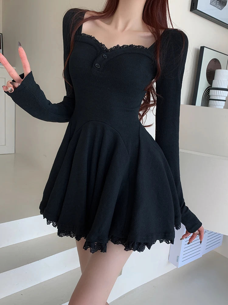 Vintage Black Lace Sexy Club Party Pleated Dress For Women 2023 Gray V Neck Long Sleeve Botton Wrapped Hip Mini Dress New Autumn