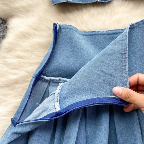 Load image into Gallery viewer, Female Chic Retro Suits Strap Button Elasticity Short Tank+Pleated Mini Skirt Fashion Hotsweet Denim Two Pieces Set

