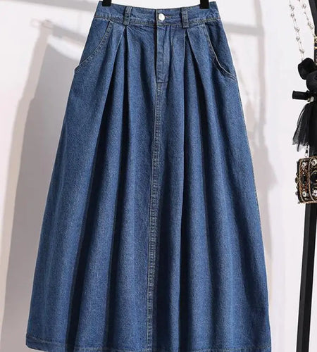 Fashion High Waist Summer Big Size Long Skirt Female Vintage Korean Denim Skirts Womens Elegant A-line Umbrella Jeans Skirt Chic