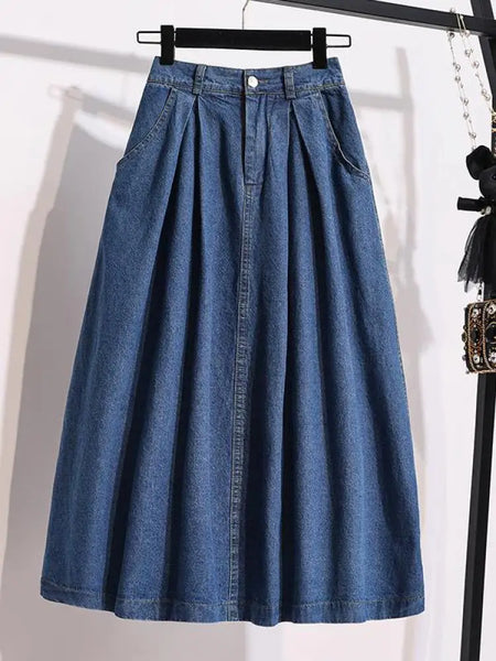 Fashion High Waist Summer Big Size Long Skirt Female Vintage Korean Denim Skirts Womens Elegant A-line Umbrella Jeans Skirt Chic