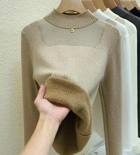 Autumn Winter Women Solid Mesh Velvet Sweater Korean Fashion Warm Round Collar Knitwear Long Sleeve Pullovers Tops Thick Popular