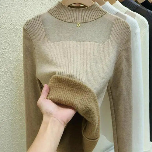Load image into Gallery viewer, Autumn Winter Women Solid Mesh Velvet Sweater Korean Fashion Warm Round Collar Knitwear Long Sleeve Pullovers Tops Thick Popular
