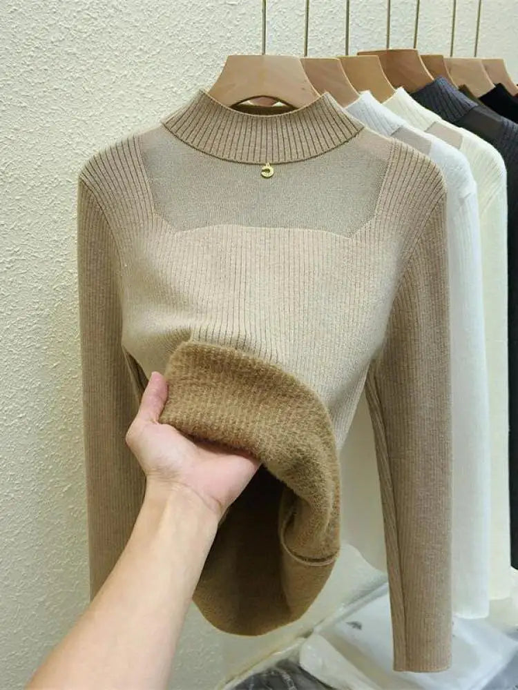 Autumn Winter Women Solid Mesh Velvet Sweater Korean Fashion Warm Round Collar Knitwear Long Sleeve Pullovers Tops Thick Popular