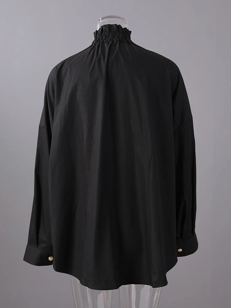 Women Big Size Button Decoration Blouse New Stand Collar Long Sleeve Loose Fit Shirt Fashion Spring Autumn 2025 1DD3478