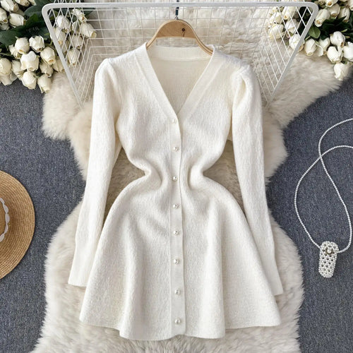 Load image into Gallery viewer, French Fashion Women Solid Single Breasted Elegant V Neck Short Dress Autumn Winter Long Sleeves Knitted Sweater Mini Dress Chic

