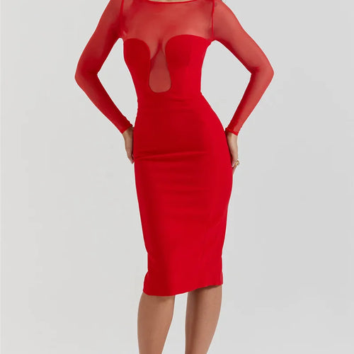 Load image into Gallery viewer, Elegant Strapless Sexy Midi Dress For Women Fashion Sheer Long Sleeve Backless Split Bodycon Club Party Sexy Long Dress
