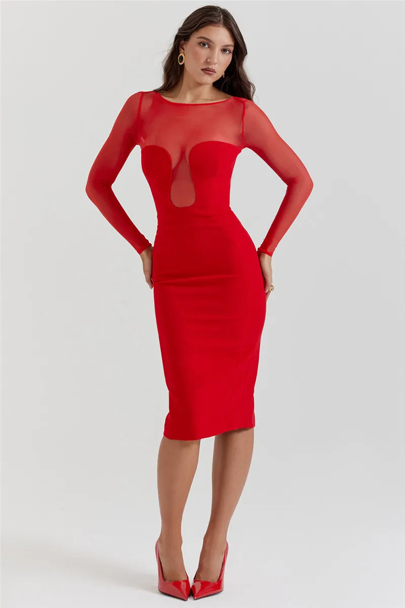 Elegant Strapless Sexy Midi Dress For Women Fashion Sheer Long Sleeve Backless Split Bodycon Club Party Sexy Long Dress