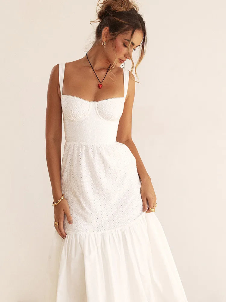 Elegant White Spaghetti Strap Midi Dress For Women Fashion Strapless Sleeveless Backless A-line Club Party Dress