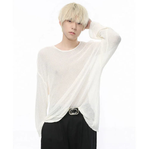 Load image into Gallery viewer, Men&#39;s T-shirt Summer New Korean Style Color Long Sleeve Trend Hollow Out Soild Color Round Neck Male Clothing 9C5296
