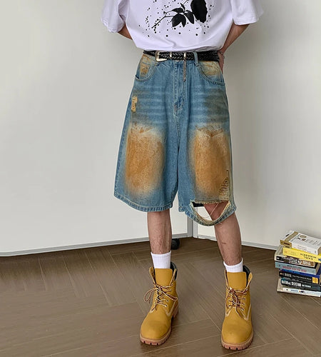 Niche Style Men's Denim Shorts Hole Worn-out Contrast Color Bottom Straight Wide Leg Male Trousers Streetwear Chic 9C6803