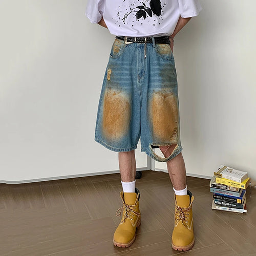 Load image into Gallery viewer, Niche Style Men&#39;s Denim Shorts Hole Worn-out Contrast Color Bottom Straight Wide Leg Male Trousers Streetwear Chic 9C6803
