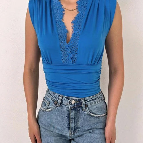 Load image into Gallery viewer, Spring/Summer Sleeveless Lace Edge Deep V Elastic Tight Bodysuit Women Slim Fit Female Bodypsuit Bodycon 2024 New
