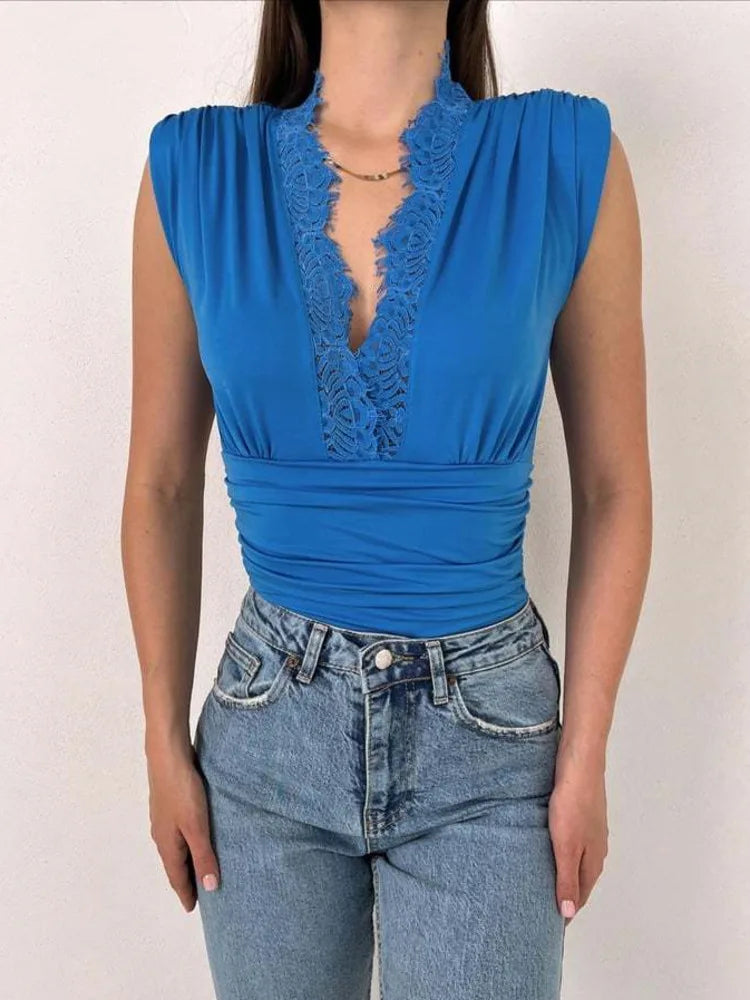 Spring/Summer Sleeveless Lace Edge Deep V Elastic Tight Bodysuit Women Slim Fit Female Bodypsuit Bodycon 2024 New