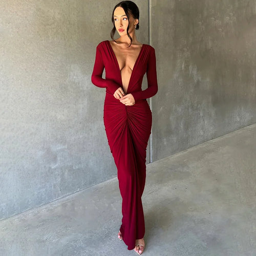 Load image into Gallery viewer, Deep V Neck Ruched Maxi Dress Women Gown Autumn New Long Sleeve Backless Bodycon Sexy Party Evening Dress Vestidos
