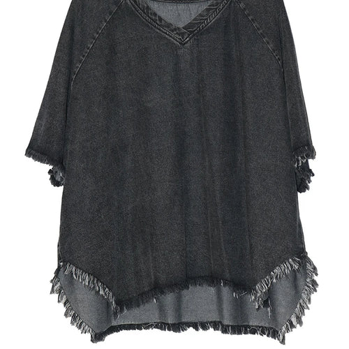 Load image into Gallery viewer, Women Black Denim Burr Irregular Big Size Casual T-shirt New V-Neck Half Sleeve Fashion Tide Spring Summer 2025 1DJ1392
