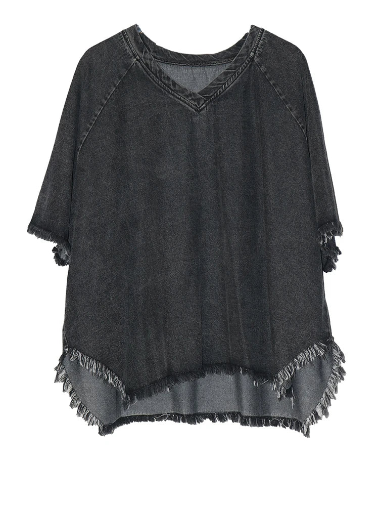 Women Black Denim Burr Irregular Big Size Casual T-shirt New V-Neck Half Sleeve Fashion Tide Spring Summer 2025 1DJ1392