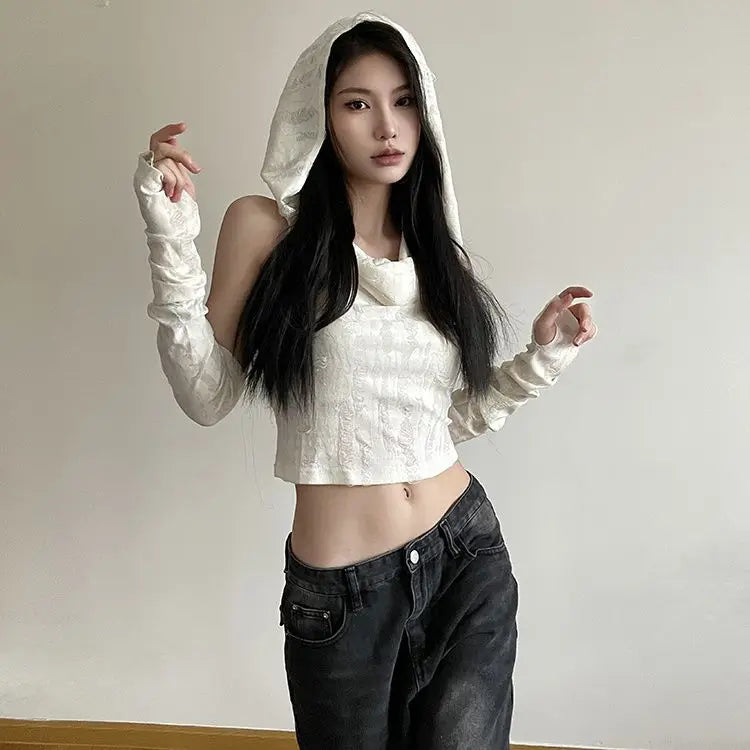 Crop Tops Woman Tshirts Fashion Korean Camisetas Hooded Long Sleeve Tunic Tees 2024 Ropa Mujer Harajuku Hole Summer Y2k T Shirt
