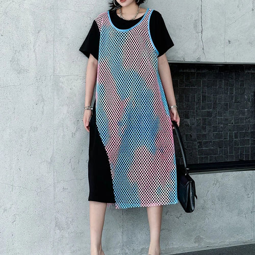 Load image into Gallery viewer, Women Green Colorful Spliced Big Size Midi Dress New Round Neck Short Sleeve Fashion Tide Spring Summer 2025 1DJ1155
