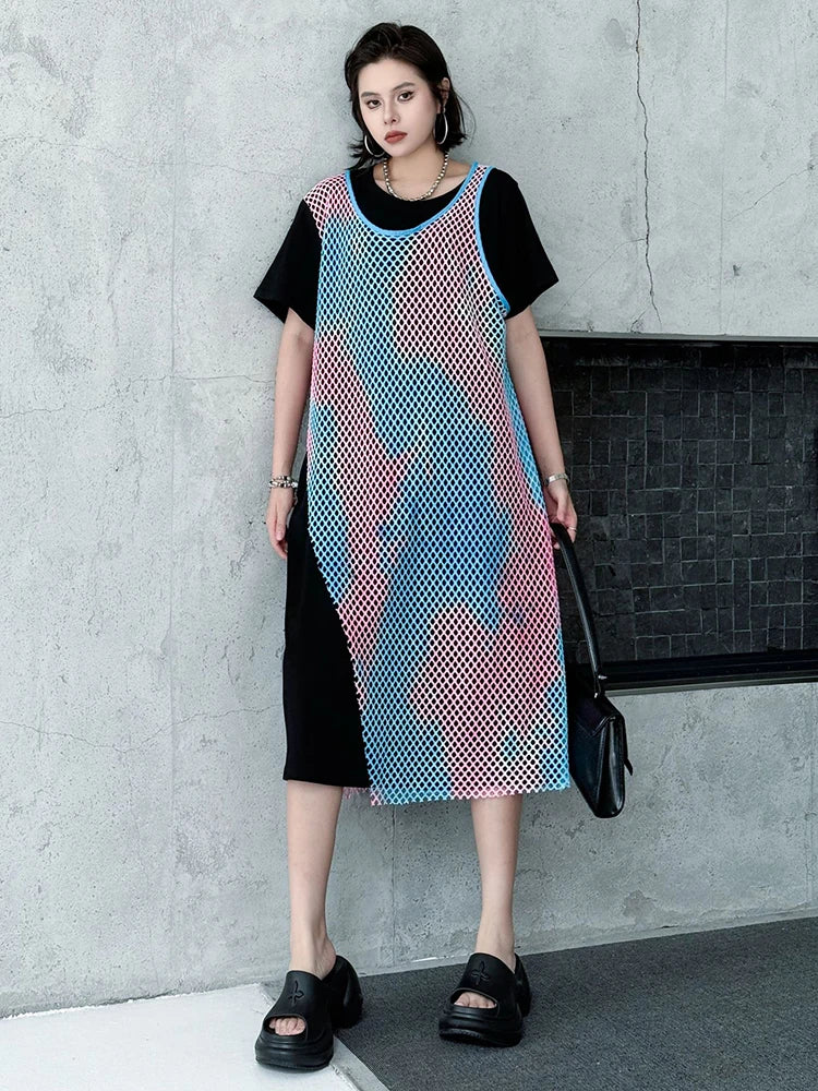 Women Green Colorful Spliced Big Size Midi Dress New Round Neck Short Sleeve Fashion Tide Spring Summer 2025 1DJ1155