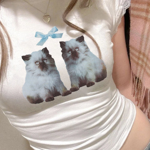 Load image into Gallery viewer, Harajuku Bow Animal Printed Bodycon Crop Top Women Lace Trim Casual Summer T-shirt Kawaii Baby Tee Crew Neck Outfits
