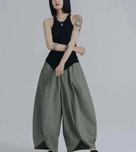High Elastic Waist Army Green Irregular Wide Leg Trousers New Loose Fit Pants Women Fashion Spring Autumn 2025 1DE8420