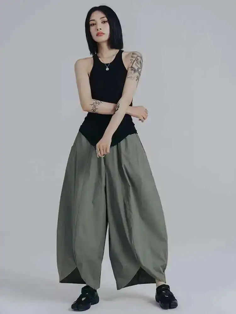 High Elastic Waist Army Green Irregular Wide Leg Trousers New Loose Fit Pants Women Fashion Spring Autumn 2025 1DE8420