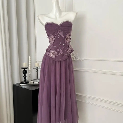 Load image into Gallery viewer, Summer French 2025 Women Purple Flower Embroidery Elegant Backless Strapless Tops And High Waist Mesh Long Skirt Two Piece Sets
