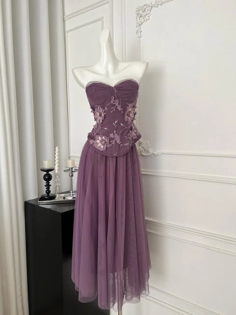 Summer French 2025 Women Purple Flower Embroidery Elegant Backless Strapless Tops And High Waist Mesh Long Skirt Two Piece Sets