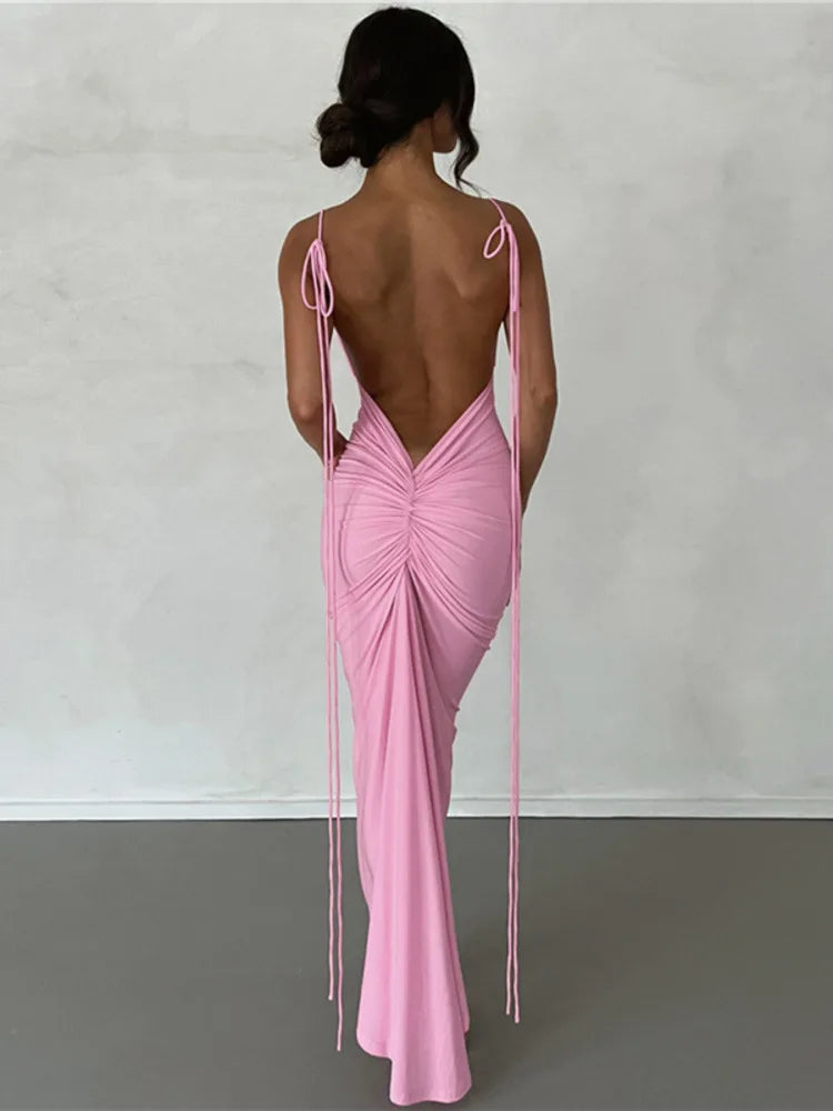 Elegant Sleeveless Summer 2024 New Women Fashion Strap Sexy Open Back Slim Wrap Hip Dress Slim Fit Party Evening Dress