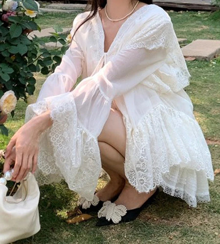 Solid Loose Spliced Lace Elegant Blouses for Women V Neck Long Sleeves Patchwork Lace Up Fashion Bloaue Female New