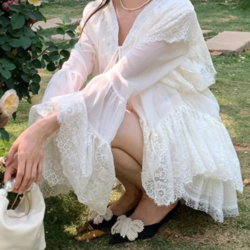 Load image into Gallery viewer, Solid Loose Spliced Lace Elegant Blouses for Women V Neck Long Sleeves Patchwork Lace Up Fashion Bloaue Female New
