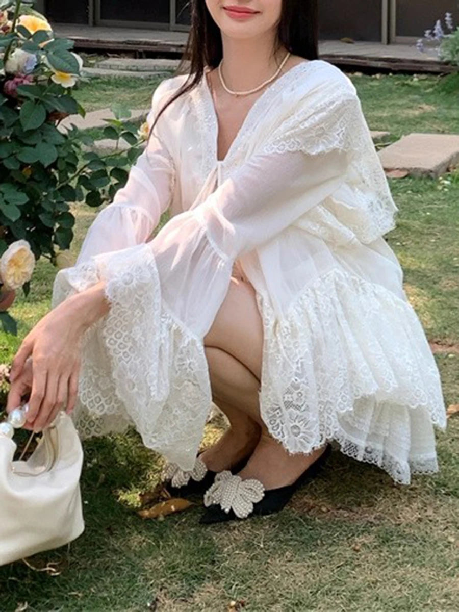 Solid Loose Spliced Lace Elegant Blouses for Women V Neck Long Sleeves Patchwork Lace Up Fashion Bloaue Female New