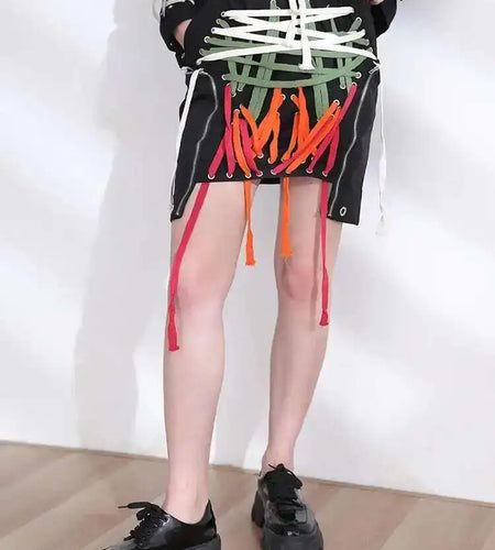 High Elastic Waist clolorful  Asymmetrical Bandage Midi Half-body Skirt Women Fashion Tide New Spring Summer 2025 1W91209