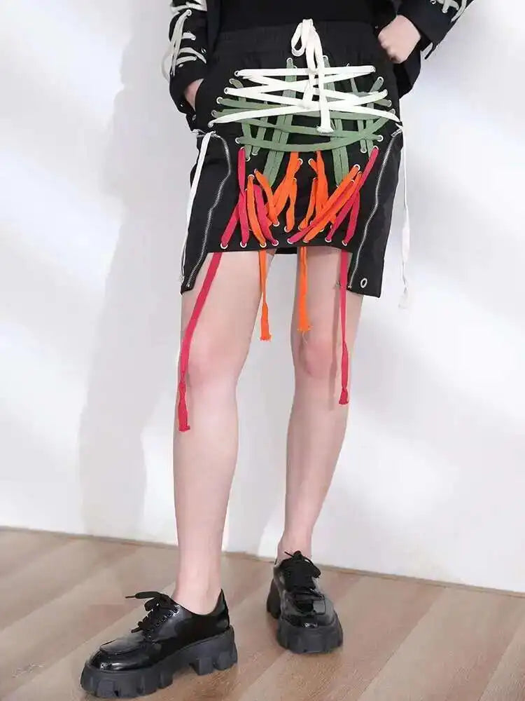 High Elastic Waist clolorful  Asymmetrical Bandage Midi Half-body Skirt Women Fashion Tide New Spring Summer 2025 1W91209