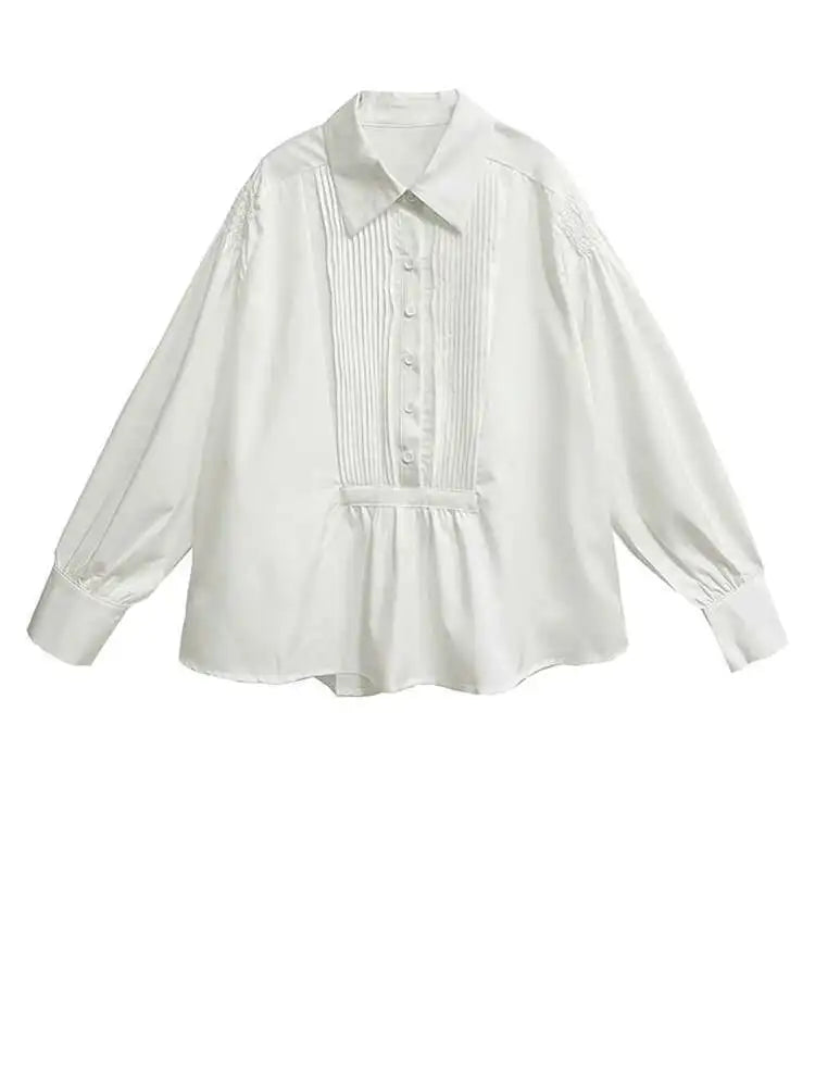 Women White Pleated Spliced Elegant Big Size Blouse New Lapel Long Sleeve Shirt Fashion Tide Spring Autumn 2025 1DH9133
