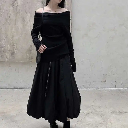 Load image into Gallery viewer, High Elastic Waist Black Brief Topstitched Long A-line Half-body Skirt Women Fashion Tide New Spring Autumn 2025 1DH8357
