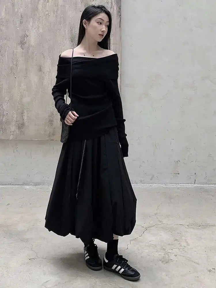 High Elastic Waist Black Brief Topstitched Long A-line Half-body Skirt Women Fashion Tide New Spring Autumn 2025 1DH8357
