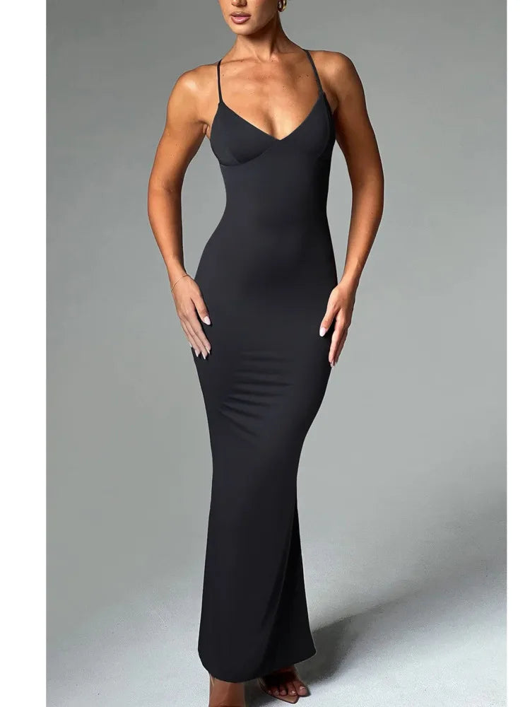 Sexy Sleeveless Slim Fit Pleated Dress For Women Backless Tight Fitting Maxi Vestidos Elegant Party Club Evening Dress