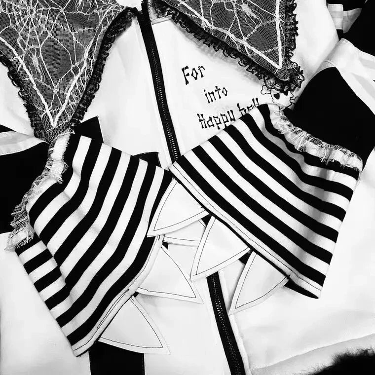 Gothic Jackets Women Striped Lace Patchwork Y2k Aesthetic Grunge Coats Harajuku  Loose Punk Streetwear Jacket